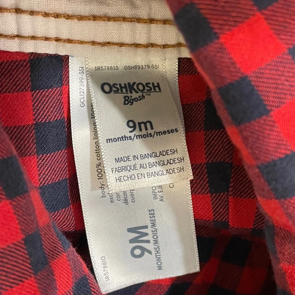 OshKosh Bgosh Baby 9M Flannel‎ Lined Denim Overalls Red Buffalo Plaid Dark Wash